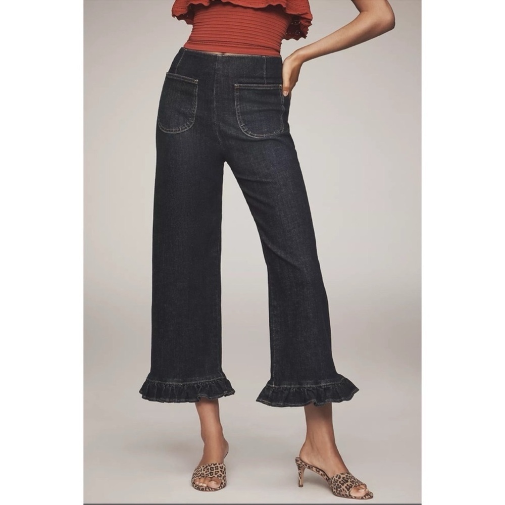 New Anthropologie The Colette Ruffle-Hem Crop Wide-Leg Jeans Dark Blue 28